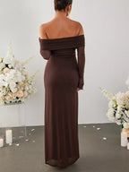 Women's Off Shoulder Maxi Dress – Elegant Long Sleeve Bodycon Evening Dress with Ruched Neckline - Honeyvine