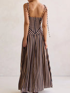 Women's Striped Maxi Dress – Sleeveless Deep V-Neck A-Line Summer Dress with Tie Straps - Honeyvine