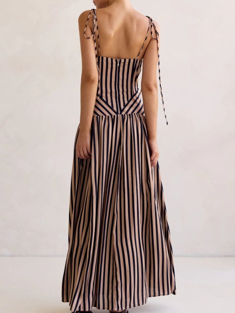 Women's Striped Maxi Dress – Sleeveless Deep V-Neck A-Line Summer Dress with Tie Straps - Honeyvine