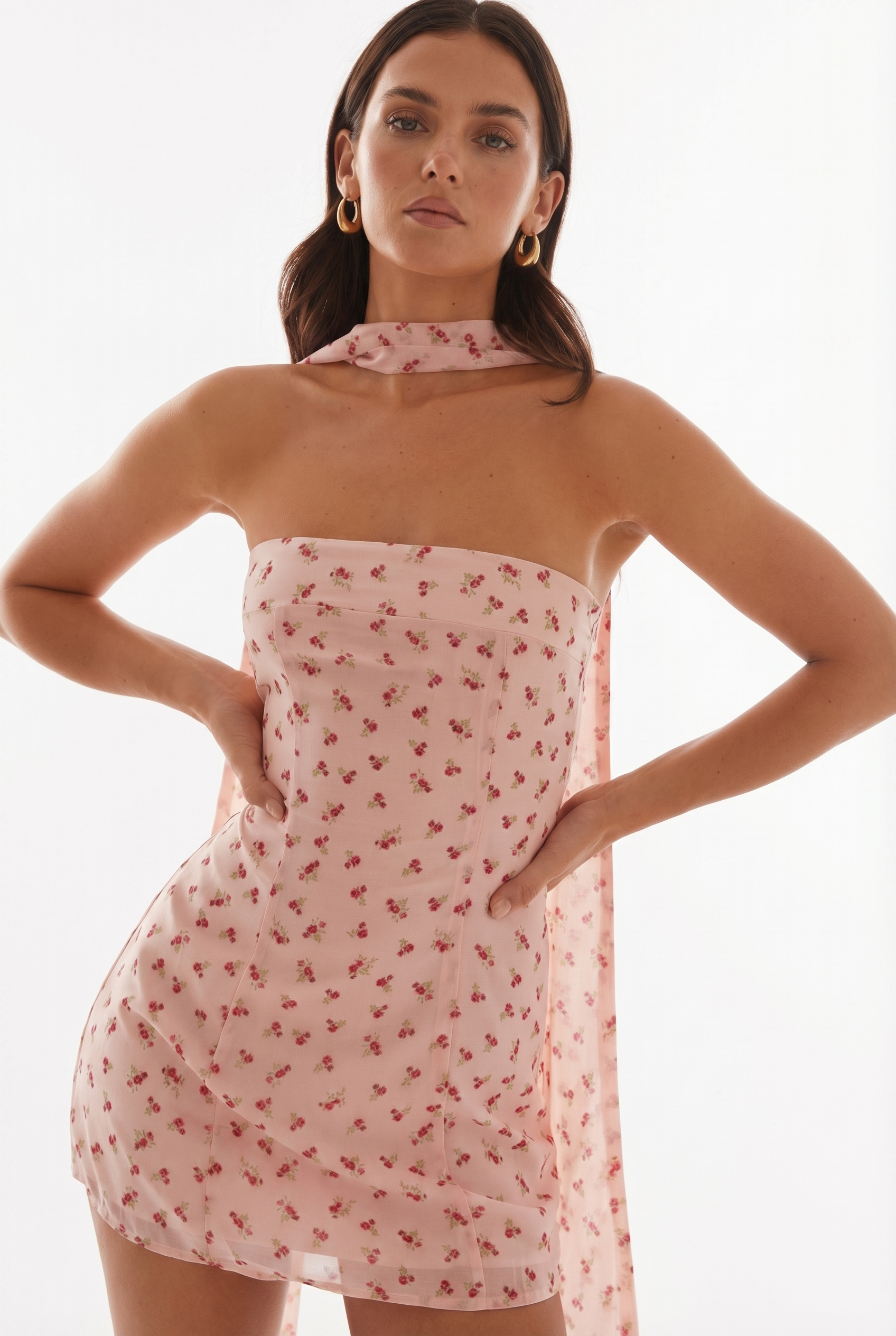Blanca | Pink Floral Strapless Mini + Scarf
