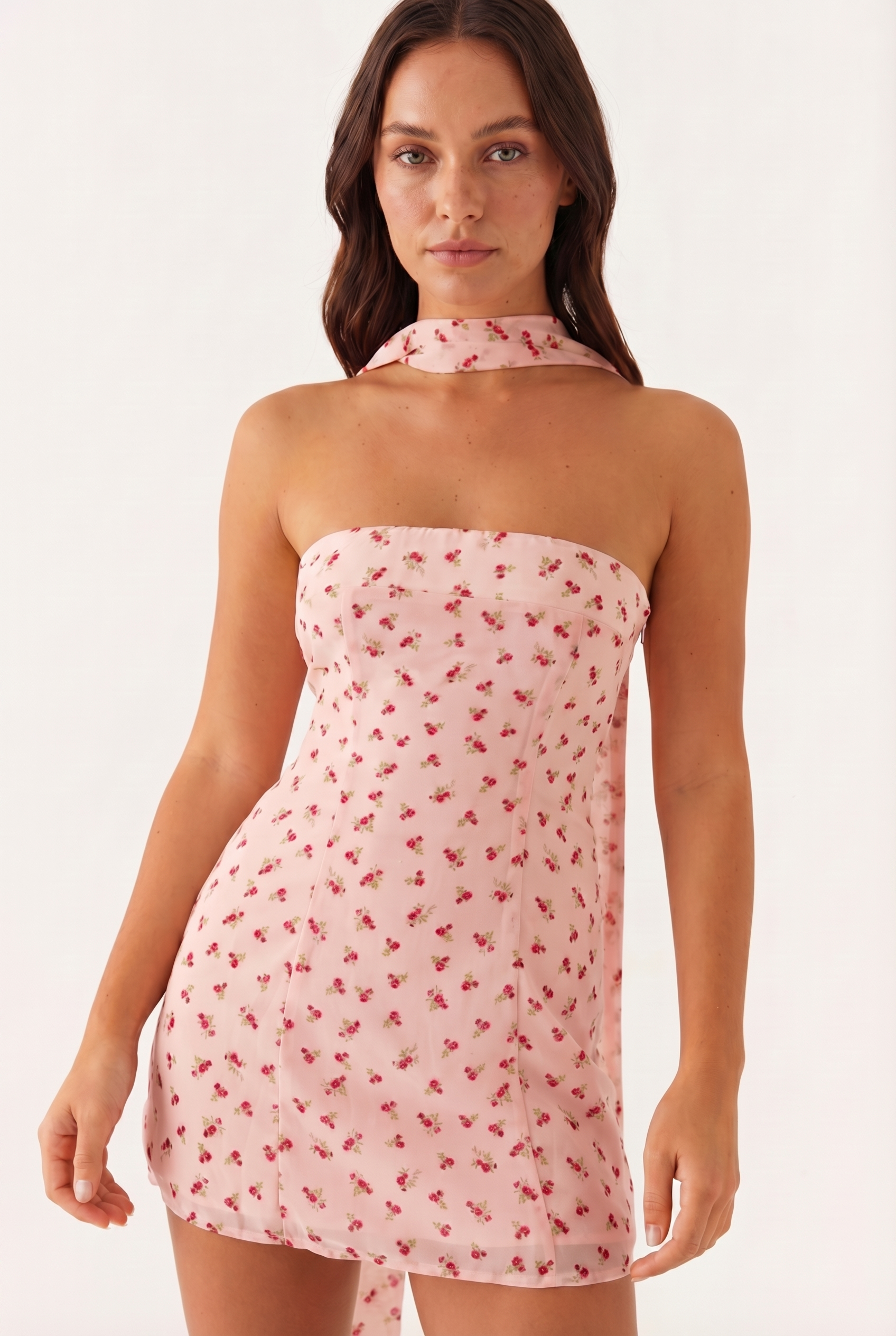 Blanca | Pink Floral Strapless Mini + Scarf