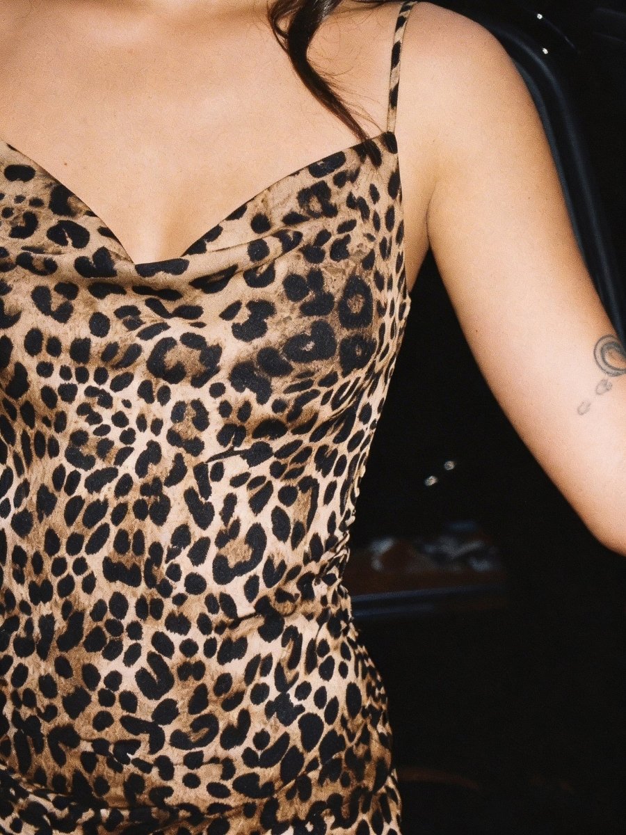 Darcy | Dramatic Leopard Spaghetti Strap Midi Dress - HoneyvineDress