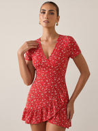 Elizabeth | Red Floral Wrap Mini Dress for Effortless Charm