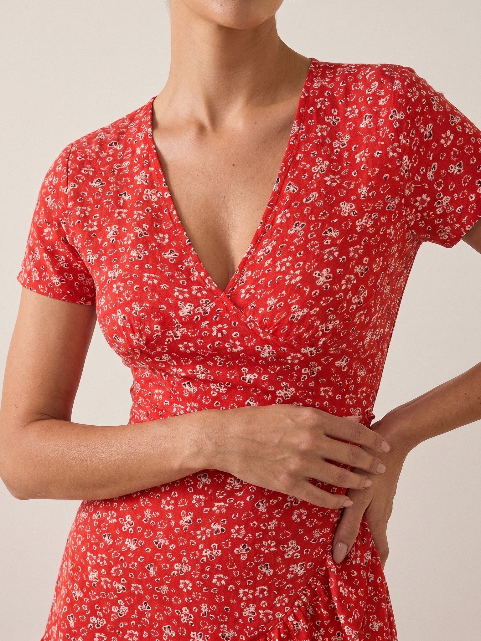 Elizabeth | Red Floral Wrap Mini Dress for Effortless Charm