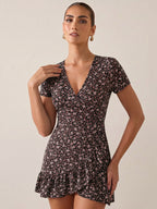 Elizabeth | Red Floral Wrap Mini Dress for Effortless Charm