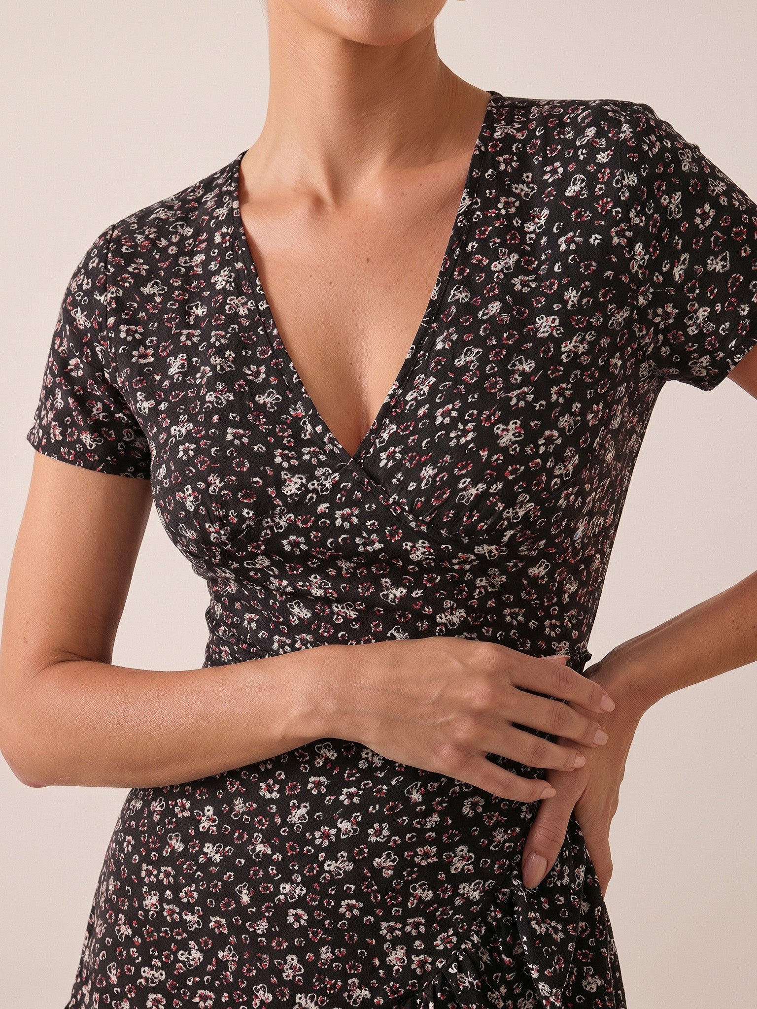 Elizabeth | Red Floral Wrap Mini Dress for Effortless Charm