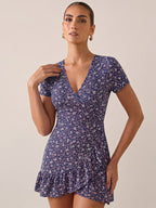 Elizabeth | Red Floral Wrap Mini Dress for Effortless Charm