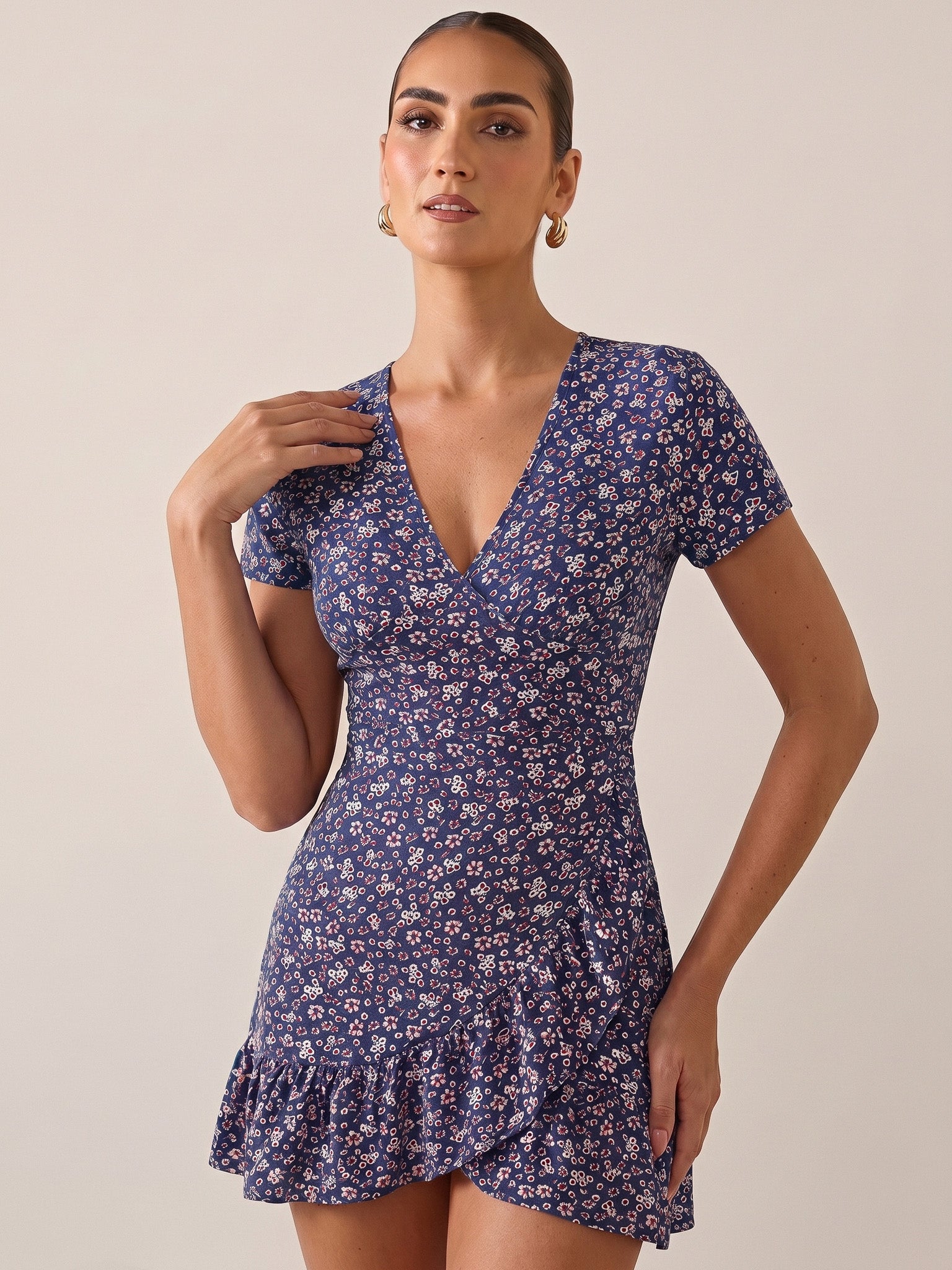 Elizabeth | Red Floral Wrap Mini Dress for Effortless Charm