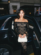 Joyce | Bold Black Off - Shoulder Lace Midi Cocktail Dress - HoneyvineDress