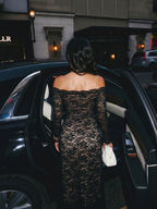 Joyce | Bold Black Off - Shoulder Lace Midi Cocktail Dress - HoneyvineDress
