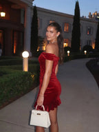Penelope | Glamorous Glitter Velvet Ruched Prom Dress - HoneyvineDress