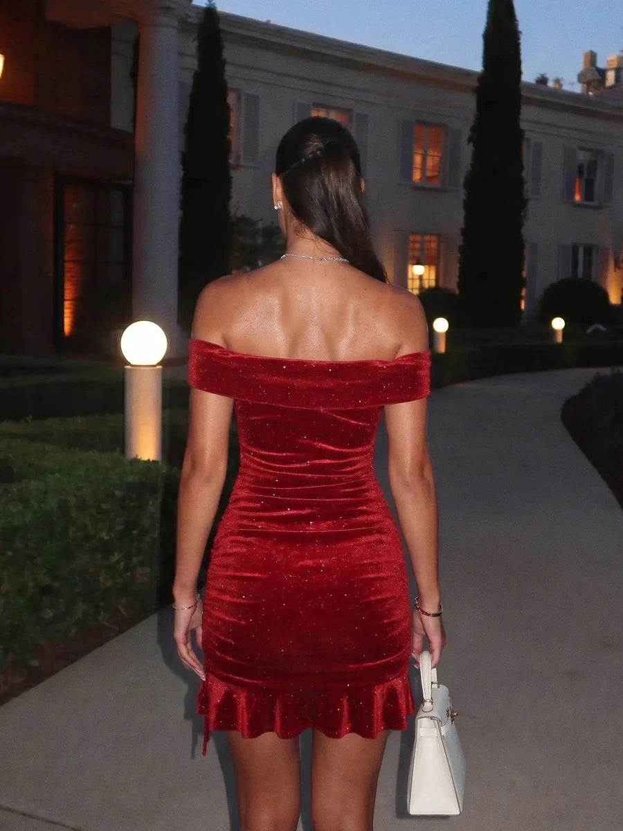 Penelope | Glamorous Glitter Velvet Ruched Prom Dress - HoneyvineDress