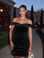 Penelope | Glamorous Glitter Velvet Ruched Prom Dress - HoneyvineDress