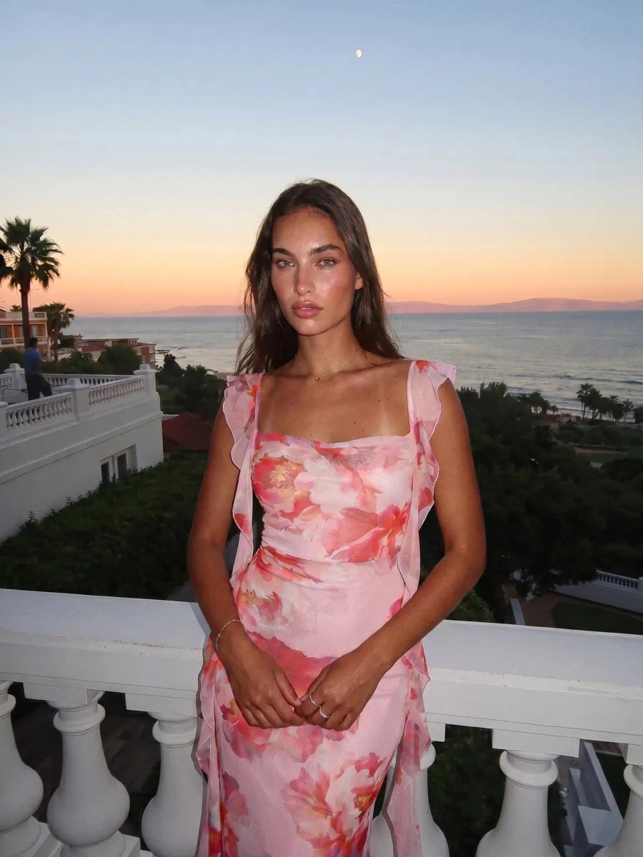 Audrey | Romantic Floral Summer Midi Ruffle Dress - HoneyvineDress