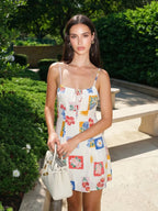 Gloria | Vintage Floral White Linen Mini Summer Dress - HoneyvineDress