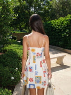 Gloria | Vintage Floral White Linen Mini Summer Dress - HoneyvineDress