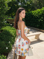 Gloria | Vintage Floral White Linen Mini Summer Dress - HoneyvineDress