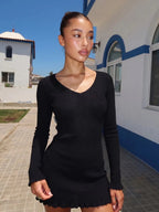 Carolyn | Modern Black Ribbed Mini – Long Sleeve - HoneyvineDress