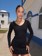 Carolyn | Modern Black Ribbed Mini – Long Sleeve - HoneyvineDress