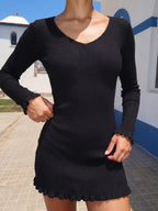 Carolyn | Modern Black Ribbed Mini – Long Sleeve - HoneyvineDress