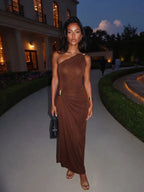 Angela | Iconic Ruched Formal Midi Dress – Gold Hardware - HoneyvineDress