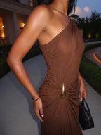 Angela | Iconic Ruched Formal Midi Dress – Gold Hardware - HoneyvineDress