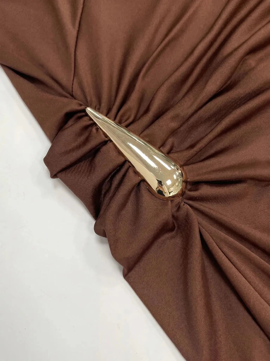 Angela | Iconic Ruched Formal Midi Dress – Gold Hardware - HoneyvineDress