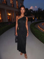 Angela | Iconic Ruched Formal Midi Dress – Gold Hardware - HoneyvineDress