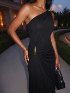 Angela | Iconic Ruched Formal Midi Dress – Gold Hardware - HoneyvineDress