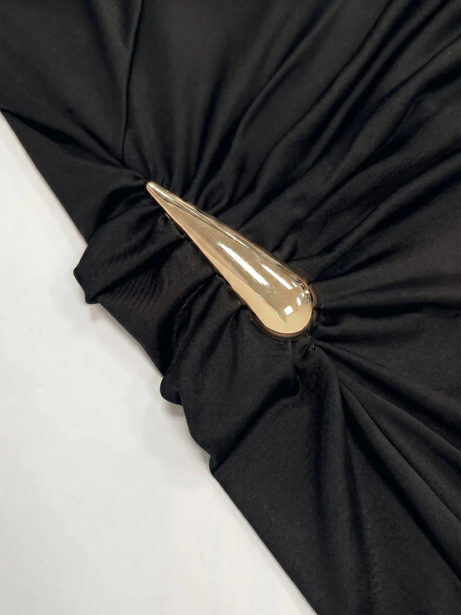 Angela | Iconic Ruched Formal Midi Dress – Gold Hardware - HoneyvineDress