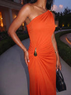 Angela | Iconic Ruched Formal Midi Dress – Gold Hardware - HoneyvineDress