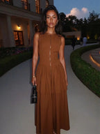 Haven | Elegant Brown Pleated Maxi Dress - HoneyvineDress