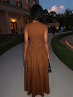 Haven | Elegant Brown Pleated Maxi Dress - HoneyvineDress