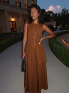 Haven | Elegant Brown Pleated Maxi Dress - HoneyvineDress
