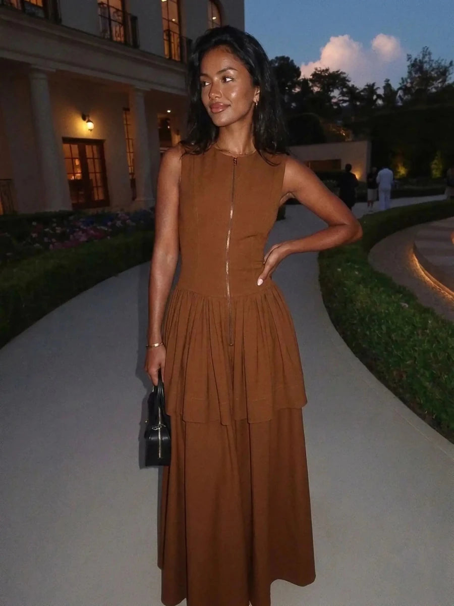 Haven | Elegant Brown Pleated Maxi Dress - HoneyvineDress