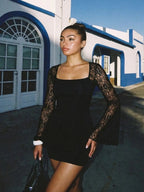Elia | Chic Black Mini Dress with Lace Flare Sleeves - HoneyvineDress