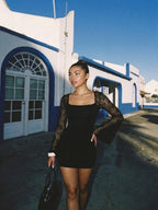 Elia | Chic Black Mini Dress with Lace Flare Sleeves - HoneyvineDress