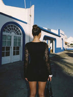 Elia | Chic Black Mini Dress with Lace Flare Sleeves - HoneyvineDress