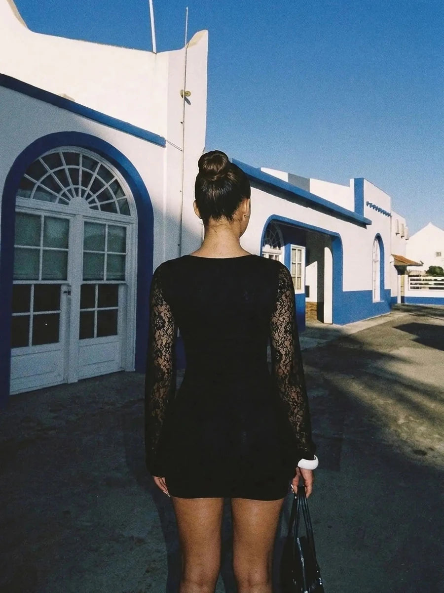 Elia | Chic Black Mini Dress with Lace Flare Sleeves - HoneyvineDress