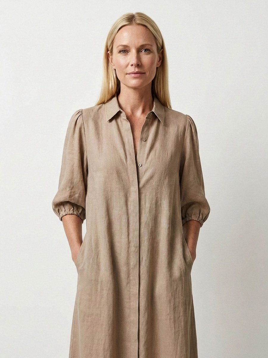 Jasmin | Beige Linen Formal Summer Maxi Dress - HoneyvineDress