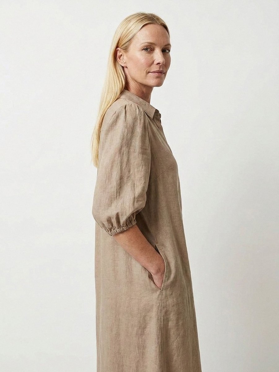 Jasmin | Beige Linen Formal Summer Maxi Dress - HoneyvineDress