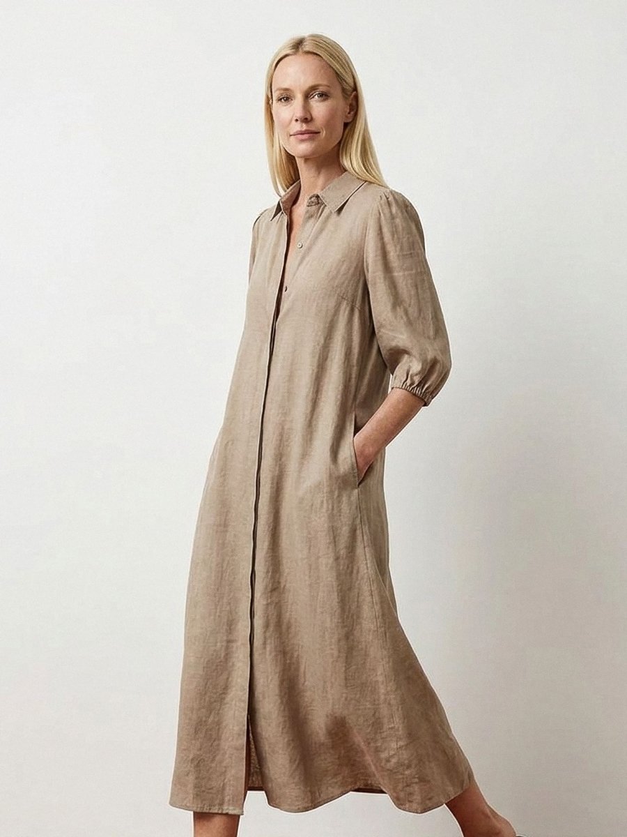 Jasmin | Beige Linen Formal Summer Maxi Dress - HoneyvineDress