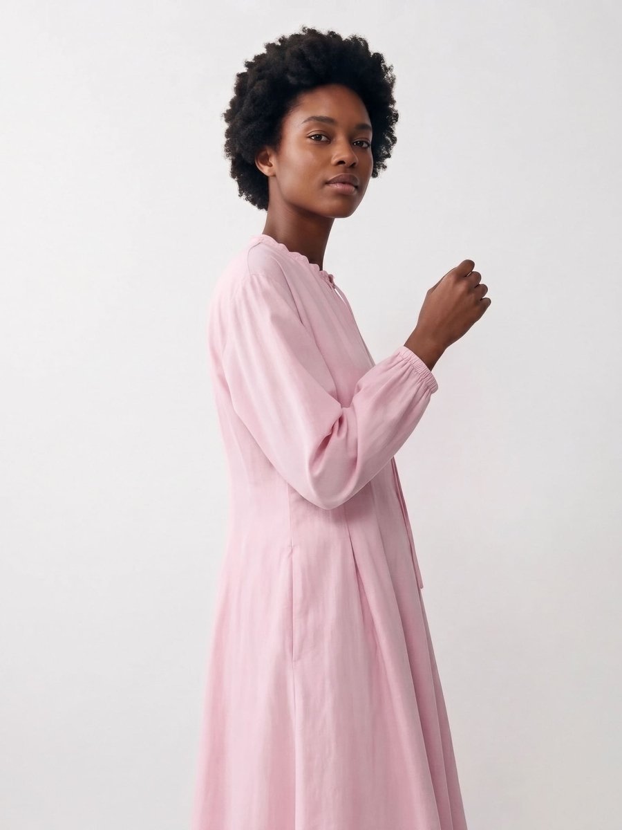 Mary | Pink Long Sleeve Casual Midi Dress - HoneyvineDress