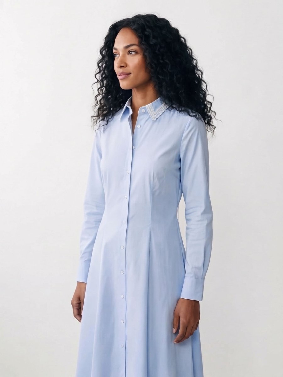 Bella | Blue Classic Cotton Midi Dress - HoneyvineDress