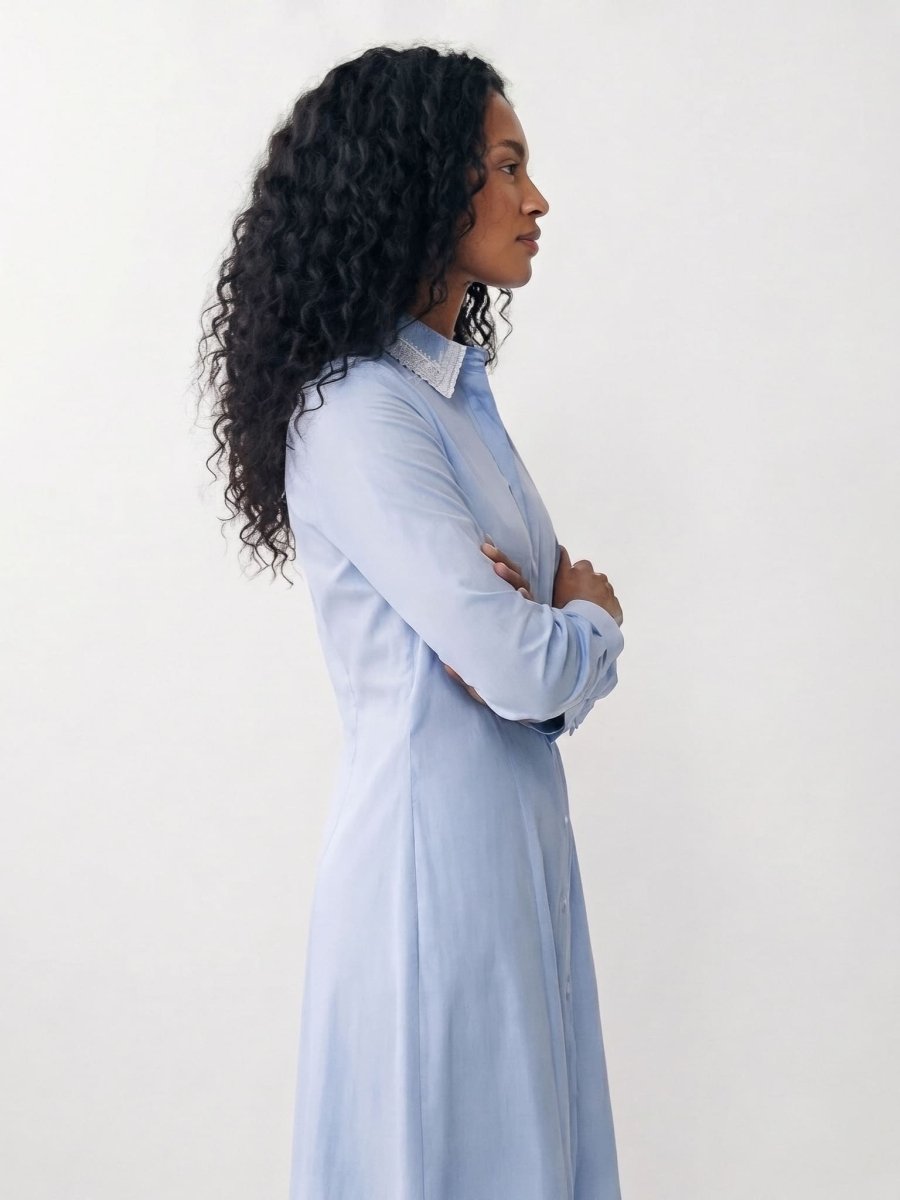 Bella | Blue Classic Cotton Midi Dress - HoneyvineDress