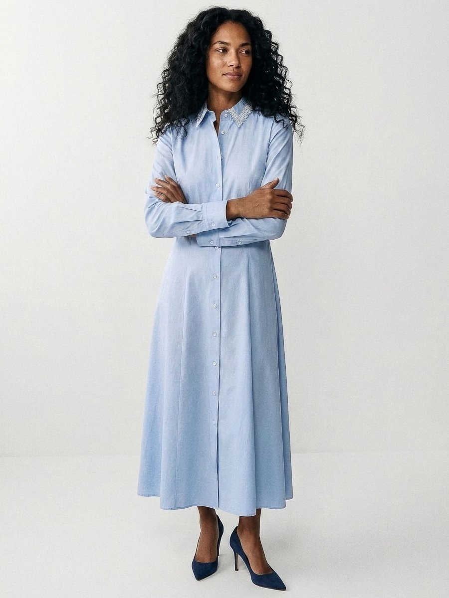 Bella | Blue Classic Cotton Midi Dress - HoneyvineDress