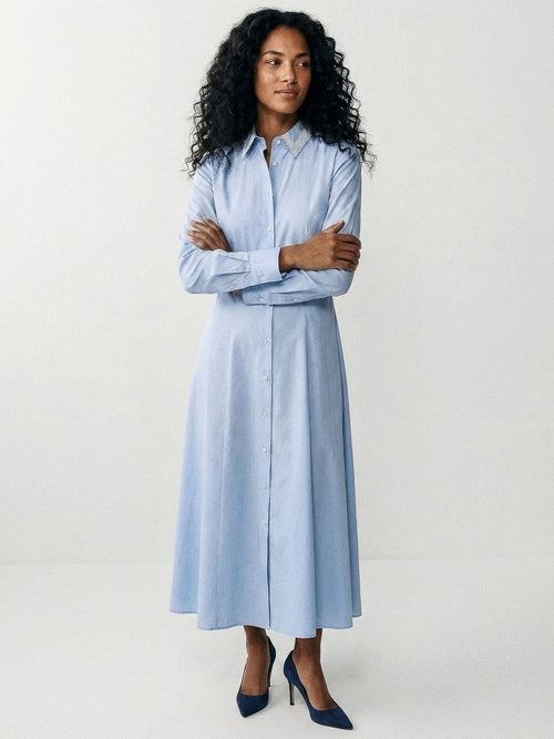Bella | Blue Classic Cotton Midi Dress - HoneyvineDress