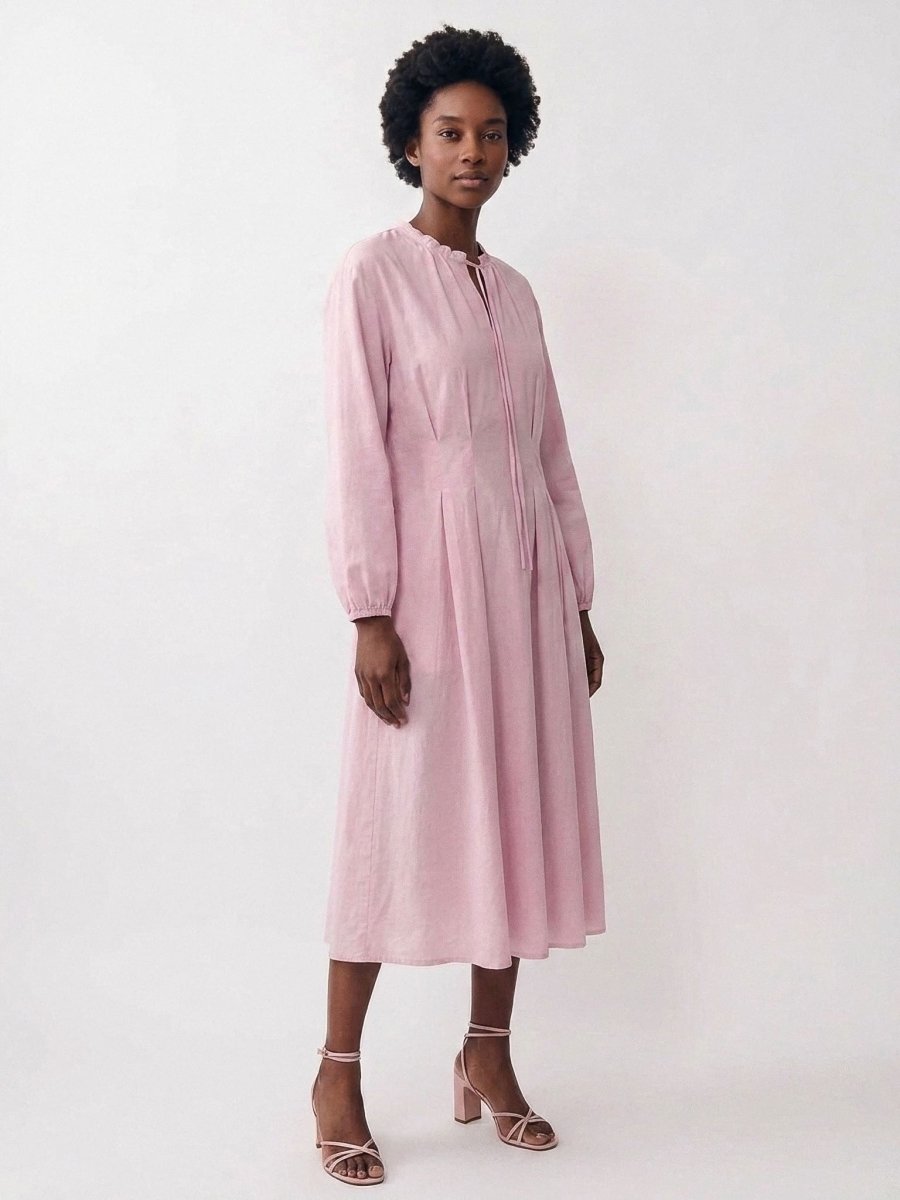 Mary | Pink Long Sleeve Casual Midi Dress - HoneyvineDress