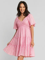 Victoria | Feminine Pink Stripe Babydoll Mini Dress - HoneyvineDress