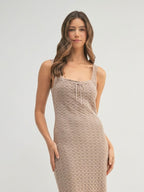 Penelope | Ruffled Hem Sleeveless Crochet Knit Midi Dress - HoneyvineDress